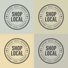 Shop local, buy local. Shop small business concept. Support local community. Set of four icon doodle badges, icon. Flat vector illustrations Soft earth colors