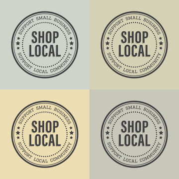 Shop local, buy local. Shop small business concept. Support local community. Set of four icon doodle badges, icon. Flat vector illustrations Soft earth colors