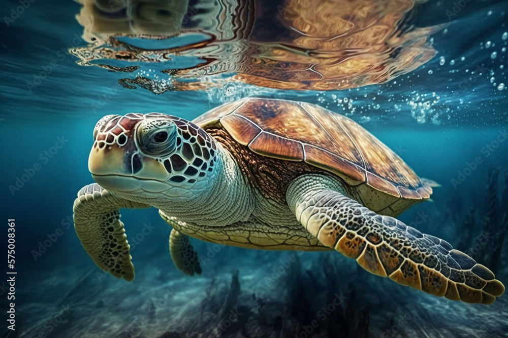 Wall mural Turtle underwater on a reef background, generated ai