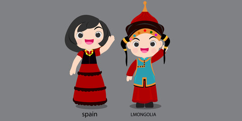 Fototapeta na wymiar Spanish in national dress with a flag. woman in traditional costume. Travel to lmongolia. People. Vector flat illustration.