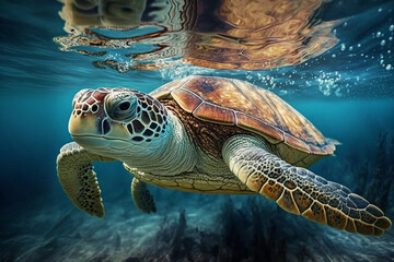Fototapeta premium Turtle underwater on a reef background, generated ai
