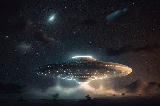 Flying saucer flies at night in sky. Invasion of extraterrestrial intelligence on an intergalactic ship. Alien abduction. Created with Generative AI
