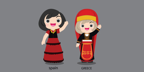 Spanish in national dress with a flag.  woman in traditional costume. Travel to greece. People. Vector flat illustration.