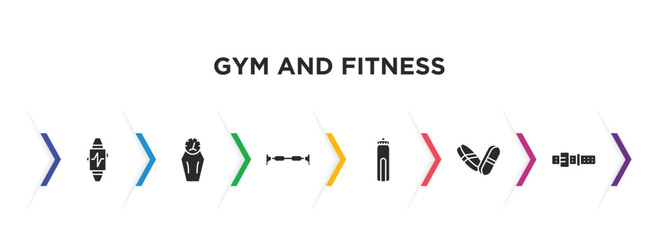 gym and fitness filled icons with infographic template. glyph icons such as sport watch, weighing scale, horizontal bar, hydratation, pill and tablet, athletic strap vector.