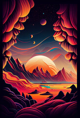 coastal landscape exotic creatures from paradise outer space planet ,geometrical lines,dot art
