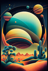 coastal landscape exotic creatures from paradise outer space planet ,geometrical lines,dot art