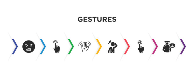 gestures filled icons with infographic template. glyph icons such as dissatisfaction, hand pointer, greetings, dubious, drag up, money bag of dollars vector.