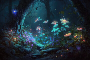 Fototapeta na wymiar Fairy forest at night, fantasy glowing flowers and lights. Generated AI.