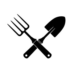 Garden pitchfork and shovel. Garden tools. Gardening Logo