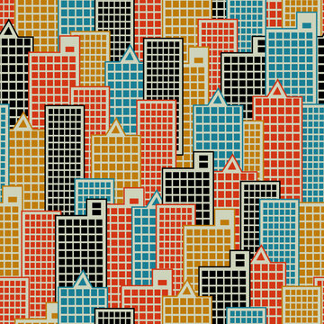 seamless color vector pattern in the form of a stylized image of urban multi-storey buildings, for printing on walls, fabrics, packaging, as well as for interior design and stage decorations