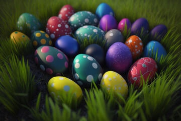 Fototapeta na wymiar Easter eggs in the grass, made with Generative AI