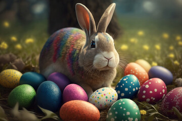 Fototapeta na wymiar Easter bunny with eggs, made with Generative AI