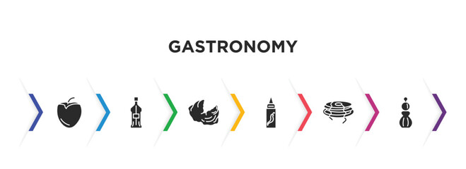gastronomy filled icons with infographic template. glyph icons such as persimmon, gin, oyster, hot sauce, pancakes, salt shaker vector.
