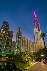 Beautiful evening at landmark 81, the tallest building in Vietnam. The building lights up with...