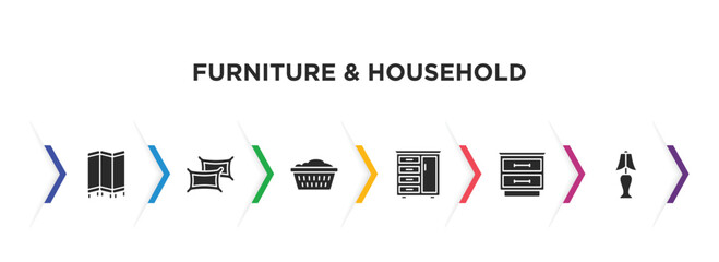 furniture & household filled icons with infographic template. glyph icons such as room divider, pillows, laundry hamper, drawers, night stand, bedroom lamp vector.