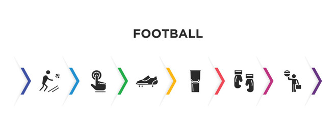 Fototapeta na wymiar football filled icons with infographic template. glyph icons such as player, point, football shoes, tumbler, gloves, coach vector.