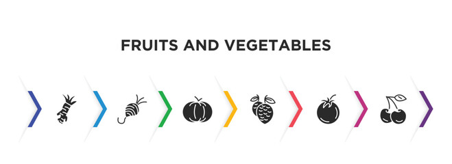 fruits and vegetables filled icons with infographic template. glyph icons such as horseradish, tuber, pumpkin, lychee, tomato, cherry vector.