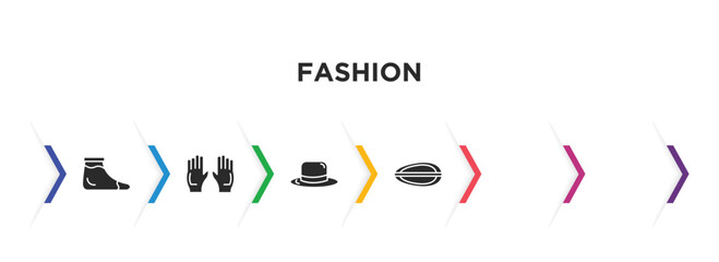 fashion filled icons with infographic template. glyph icons such as samurai japanese hat, warm sock, pair of gloves, round hat, pirate hat, barrette vector.