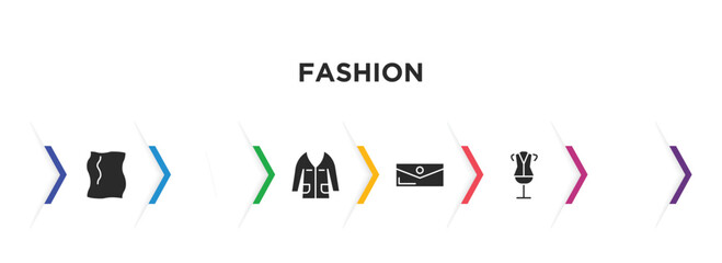 fashion filled icons with infographic template. glyph icons such as rag, cheongsam, jacket with pockets, purses, samurai helmet, dressmaker vector.