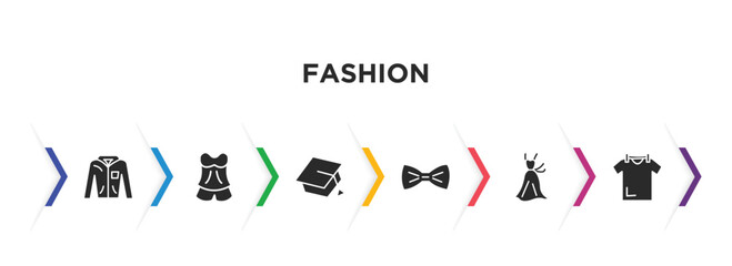 fashion filled icons with infographic template. glyph icons such as coat with pockets, pajamas, college graduation cap, tux, women drees, drying vector.