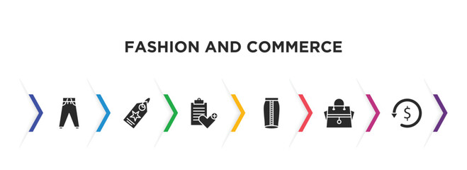 fashion and commerce filled icons with infographic template. glyph icons such as trousers, brand, wishlist, skirt, hand bag, refund vector.