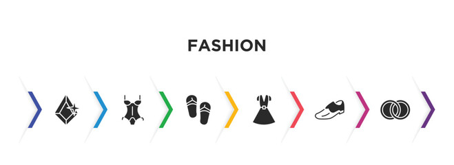 fashion filled icons with infographic template. glyph icons such as precious stone, lingerine, pair sandals, dress with belt, men shoe, fiance vector.