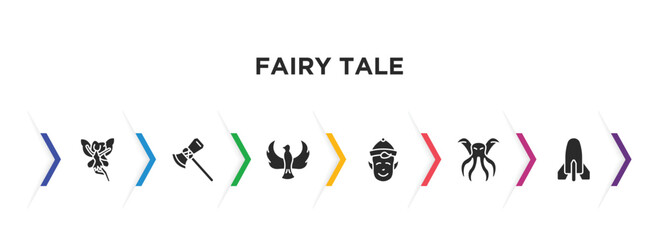 fairy tale filled icons with infographic template. glyph icons such as fairy, thor, phoenix, elf, cthulhu, atomic bomb vector.