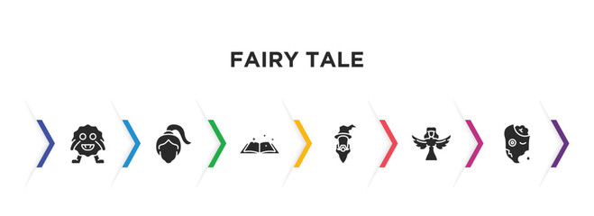 fairy tale filled icons with infographic template. glyph icons such as monster, damsel, fairy tale, wizard, harpy, zombie vector.