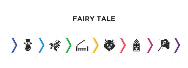 fairy tale filled icons with infographic template. glyph icons such as leprechaun, hydra, drawbridge, beast, stained glass, enchantment vector.