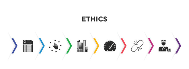 ethics filled icons with infographic template. glyph icons such as statement, choice, city, gauge, connect, guard vector.