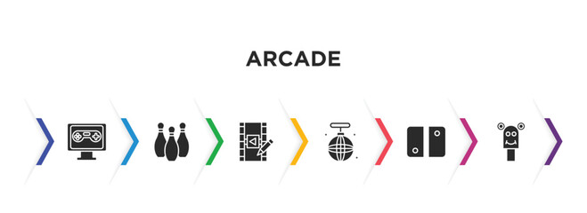 arcade filled icons with infographic template. glyph icons such as pc game, bowling pins, video editing, disco, switch, puppet show vector.