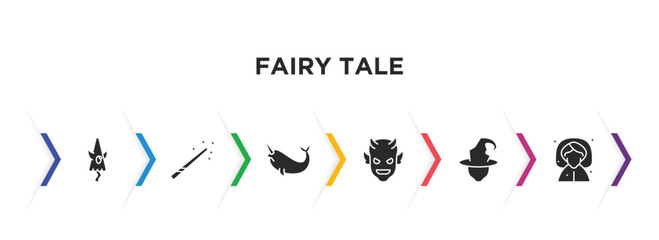 fairy tale filled icons with infographic template. glyph icons such as karakasakozou, magic wand, narwhal, devil, wicked, fairy godmother vector.