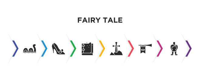 fairy tale filled icons with infographic template. glyph icons such as loch ness monster, cinderella shoe, spellbook, excalibur, fanfare, giant vector.