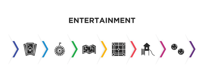 entertainment filled icons with infographic template. glyph icons such as black jack, spinning wheel, board game map, mill game, toboggan, pom pom vector.