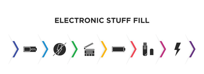 electronic stuff fill filled icons with infographic template. glyph icons such as battery almost full, flash off, clapperboard, empty battery, pen drive, blitz flash vector.