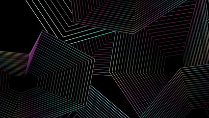 Black abstract background with holographic polygonal linear shapes