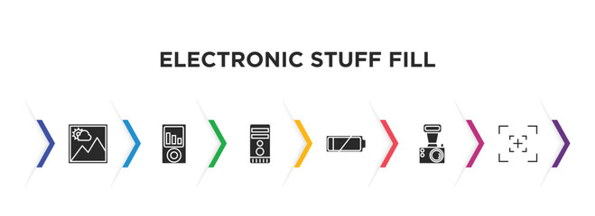 electronic stuff fill filled icons with infographic template. glyph icons such as picture, portable music player, computer tower, low battery, old camera, camera screen vector.