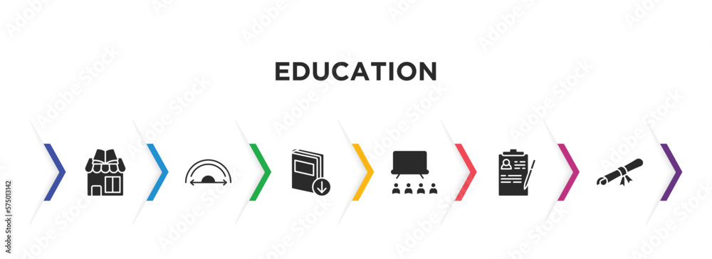 Sticker education filled icons with infographic template. glyph icons such as book shop, semicircles, download book, university class, registered, folded certificate vector.