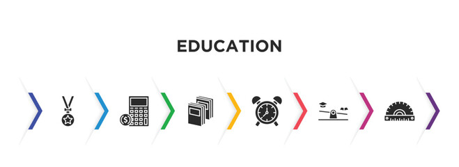 education filled icons with infographic template. glyph icons such as medallion, calculator and dollar, two books, wake up, swing balancer, semicircle with ruler vector.