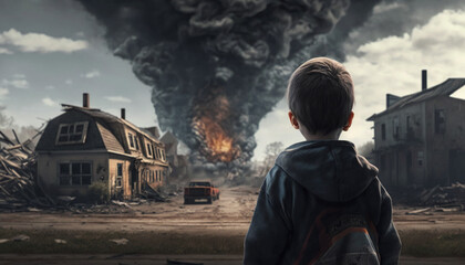 A boy standing and looking at a bomb exploding in the distance during a war, made with generative ai
