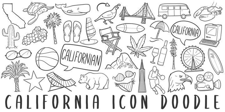 California, USA Doodle Icons. Hand Made Line Art. Californian Icon Clipart Logotype Symbol Design.