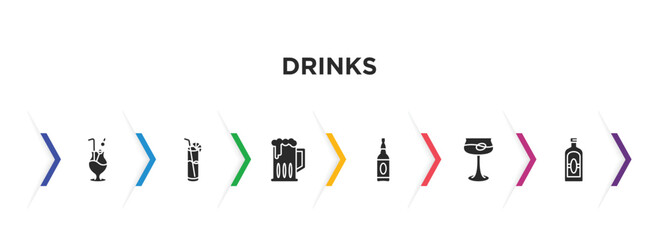 drinks filled icons with infographic template. glyph icons such as mai thai, blue lagoon, brewery, alcohol, martinez, herbal liquor vector.