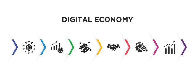 digital economy filled icons with infographic template. glyph icons such as distribution, productivity, gold ingot, deal, thinking, growth vector.