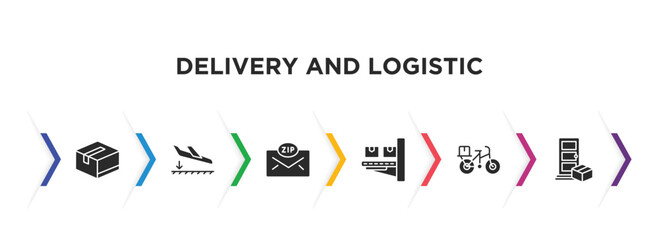 delivery and logistic filled icons with infographic template. glyph icons such as packages, arrival, zip code, delivery x ray, delivery by bike, on door vector.