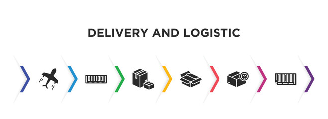 delivery and logistic filled icons with infographic template. glyph icons such as transportation, barcode, boxes, unpacking, delivery time, bar code vector.