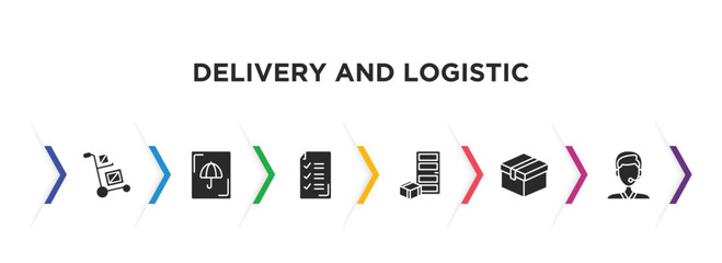delivery and logistic filled icons with infographic template. glyph icons such as delivery cart, logistic umbrella, delivery list, to the door, box, support vector.