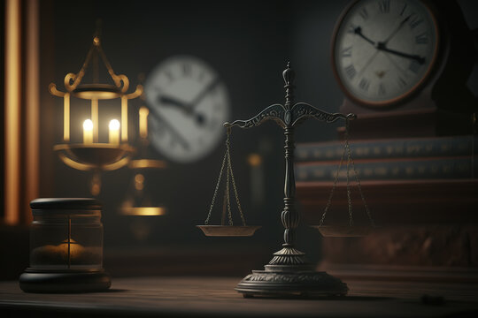 Scales of justice in the courtroom, dark lighting, punishment system for prisoners, presumption of innocence, constitution day. Generative AI.