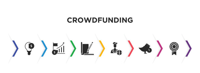 crowdfunding filled icons with infographic template. glyph icons such as equity, ipo, prototype, tester, early bird, reward vector.