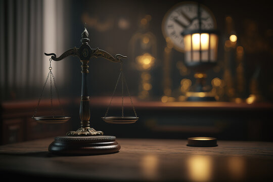 Scales of justice in the courtroom, dark lighting, punishment system for prisoners, presumption of innocence, constitution day. Generative AI.