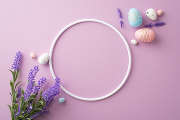 Easter concept. Top view photo of empty circle pink blue white easter eggs and bouquet of lavender flowers on isolated lilac background with blank space